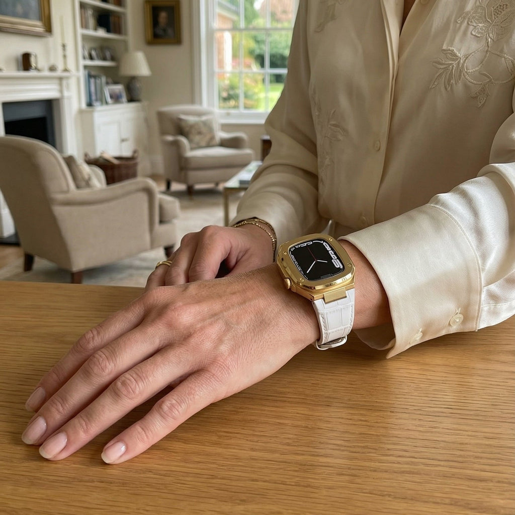 Correa de reloj en cuero split con carcasa integrada, compatible con Apple Watch, diseño tipo armadura moderna, hebilla de espiga, modelo Castillon
