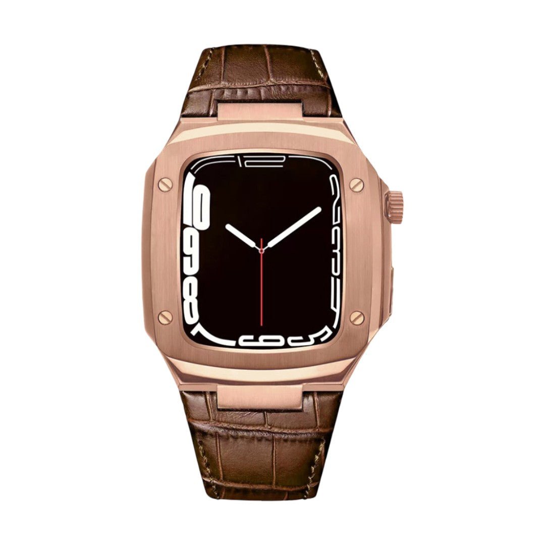 Correa de reloj en cuero split con carcasa integrada, compatible con Apple Watch, diseño tipo armadura moderna, hebilla de espiga, modelo Castillon