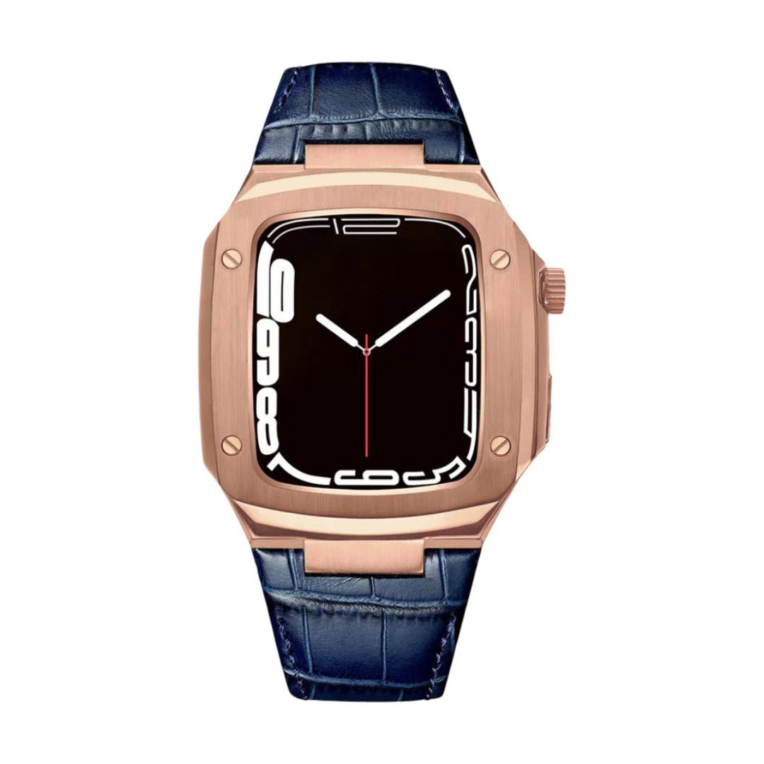 Correa de reloj en cuero split con carcasa integrada, compatible con Apple Watch, diseño tipo armadura moderna, hebilla de espiga, modelo Castillon