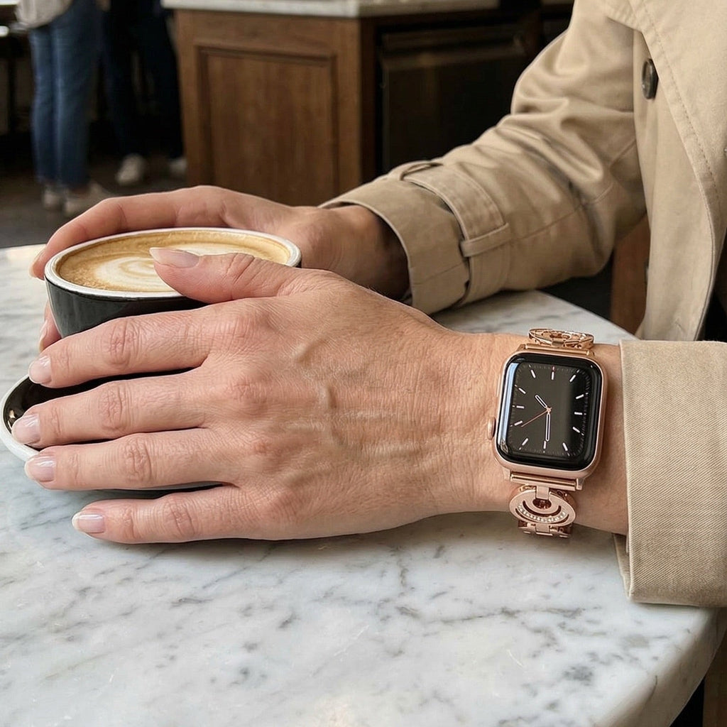 Correa Apple Watch con eslabones circulares con motivo de luna engastados de circonitas, modelo Gipsy