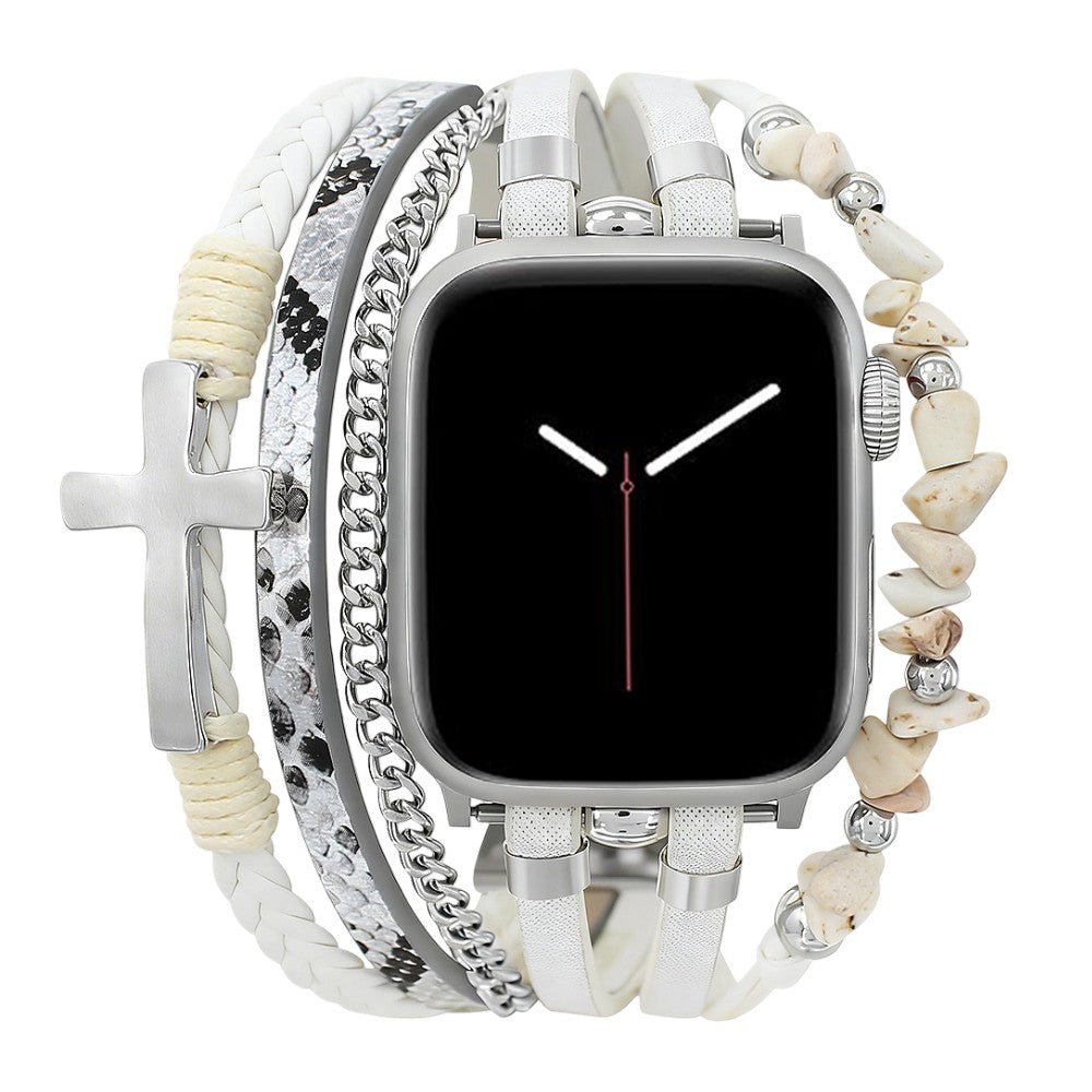 Correa multivueltas para Apple Watch, cuero, cuentas de piedras naturales, cruz cristiana, cadena de acero inoxidable, cierre de eslabones desmontables, modelo Laytone