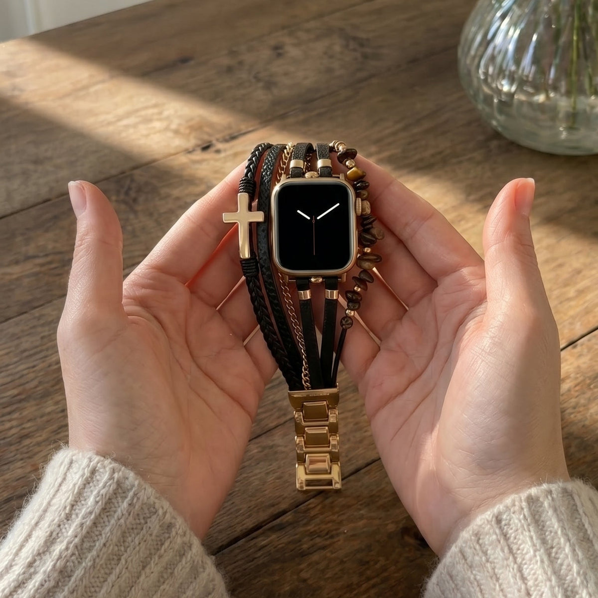 Correa multivueltas para Apple Watch, cuero, cuentas de piedras naturales, cruz cristiana, cadena de acero inoxidable, cierre de eslabones desmontables, modelo Laytone