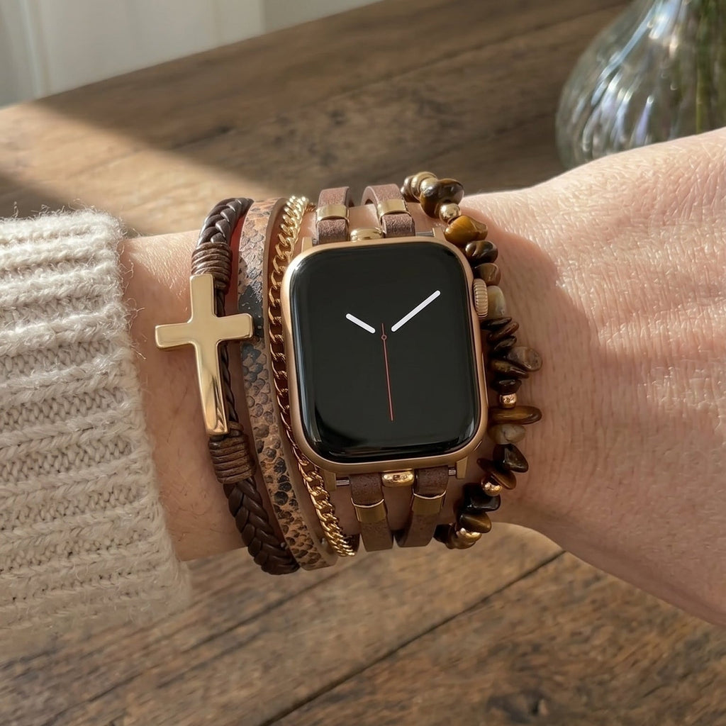 Correa multivueltas para Apple Watch, cuero, cuentas de piedras naturales, cruz cristiana, cadena de acero inoxidable, cierre de eslabones desmontables, modelo Laytone