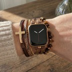 Correa multivueltas para Apple Watch, cuero, cuentas de piedras naturales, cruz cristiana, cadena de acero inoxidable, cierre de eslabones desmontables, modelo Laytone