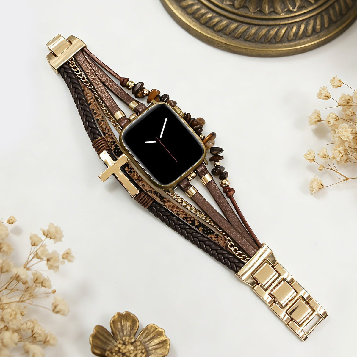 Correa multivueltas para Apple Watch, cuero, cuentas de piedras naturales, cruz cristiana, cadena de acero inoxidable, cierre de eslabones desmontables, modelo Laytone