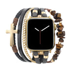 Correa multivueltas para Apple Watch, cuero, cuentas de piedras naturales, cruz cristiana, cadena de acero inoxidable, cierre de eslabones desmontables, modelo Laytone