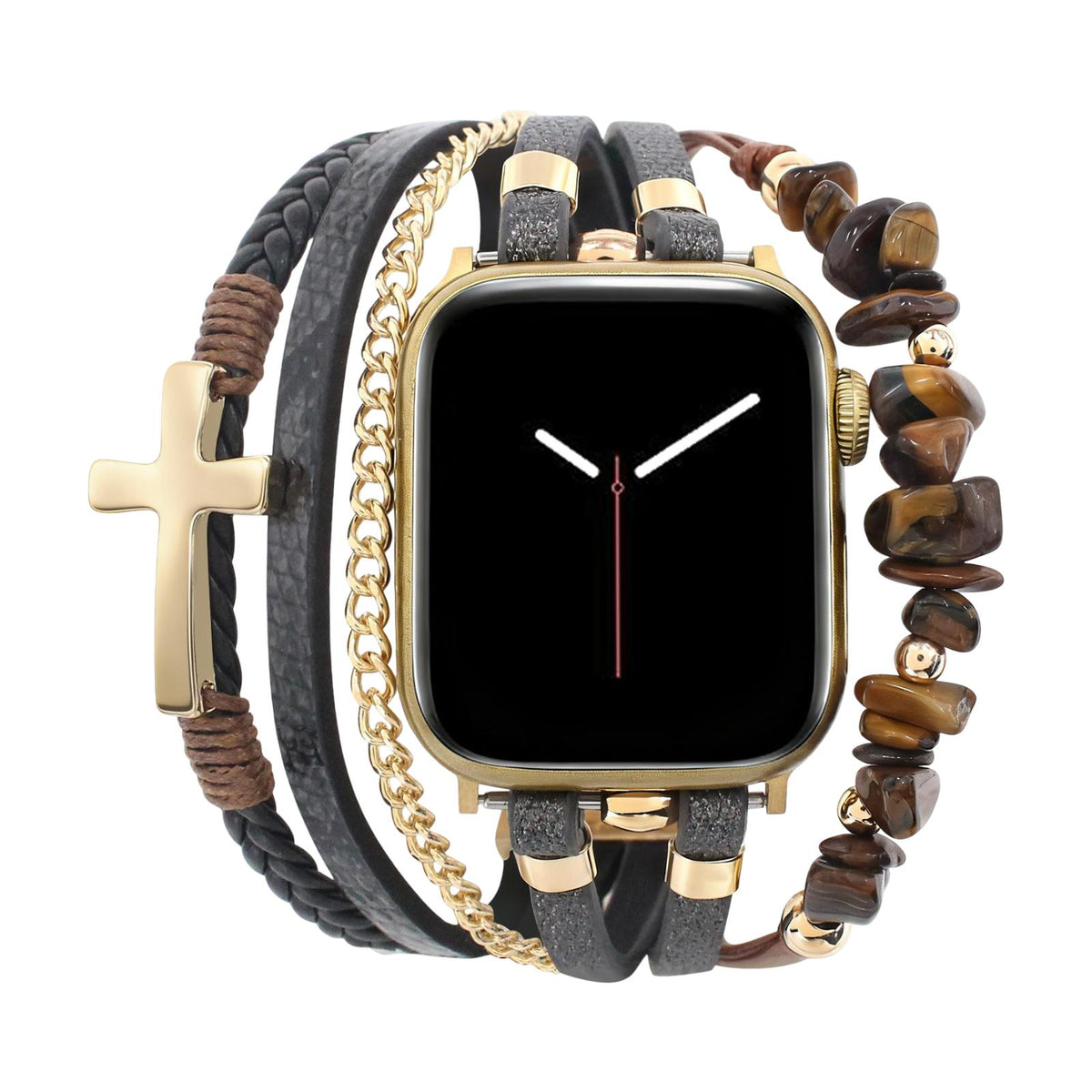 Correa multivueltas para Apple Watch, cuero, cuentas de piedras naturales, cruz cristiana, cadena de acero inoxidable, cierre de eslabones desmontables, modelo Laytone
