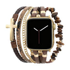 Correa multivueltas para Apple Watch, cuero, cuentas de piedras naturales, cruz cristiana, cadena de acero inoxidable, cierre de eslabones desmontables, modelo Laytone