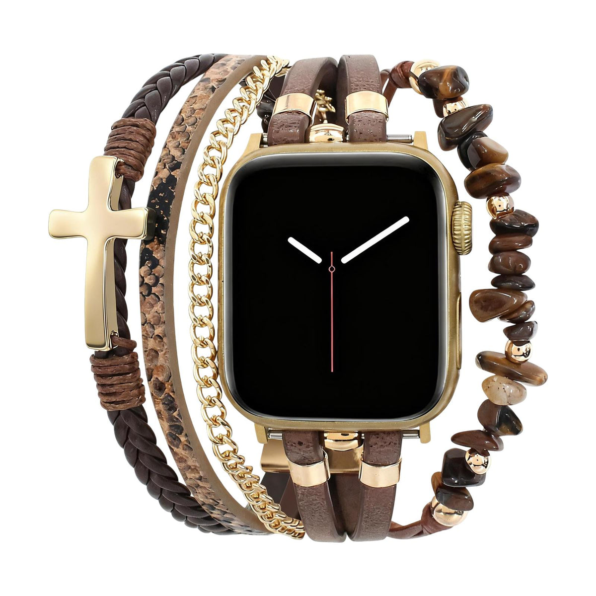 Correa multivueltas para Apple Watch, cuero, cuentas de piedras naturales, cruz cristiana, cadena de acero inoxidable, cierre de eslabones desmontables, modelo Laytone