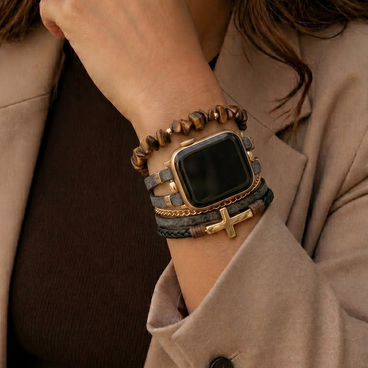 Correa multivueltas para Apple Watch, cuero, cuentas de piedras naturales, cruz cristiana, cadena de acero inoxidable, cierre de eslabones desmontables, modelo Laytone