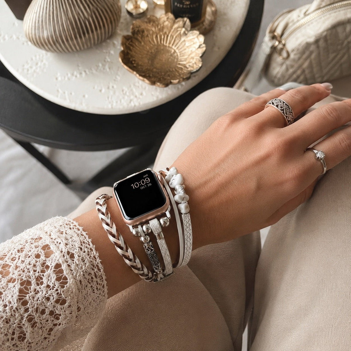 Pulsera multihilera para reloj inteligente, adornos de piedra troceada, tiras trenzadas multihilera, eslabones ajustables sin herramientas, modelo Treska