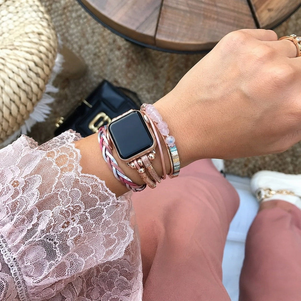 Pulsera multihilera para reloj inteligente, adornos de piedra troceada, tiras trenzadas multihilera, eslabones ajustables sin herramientas, modelo Treska