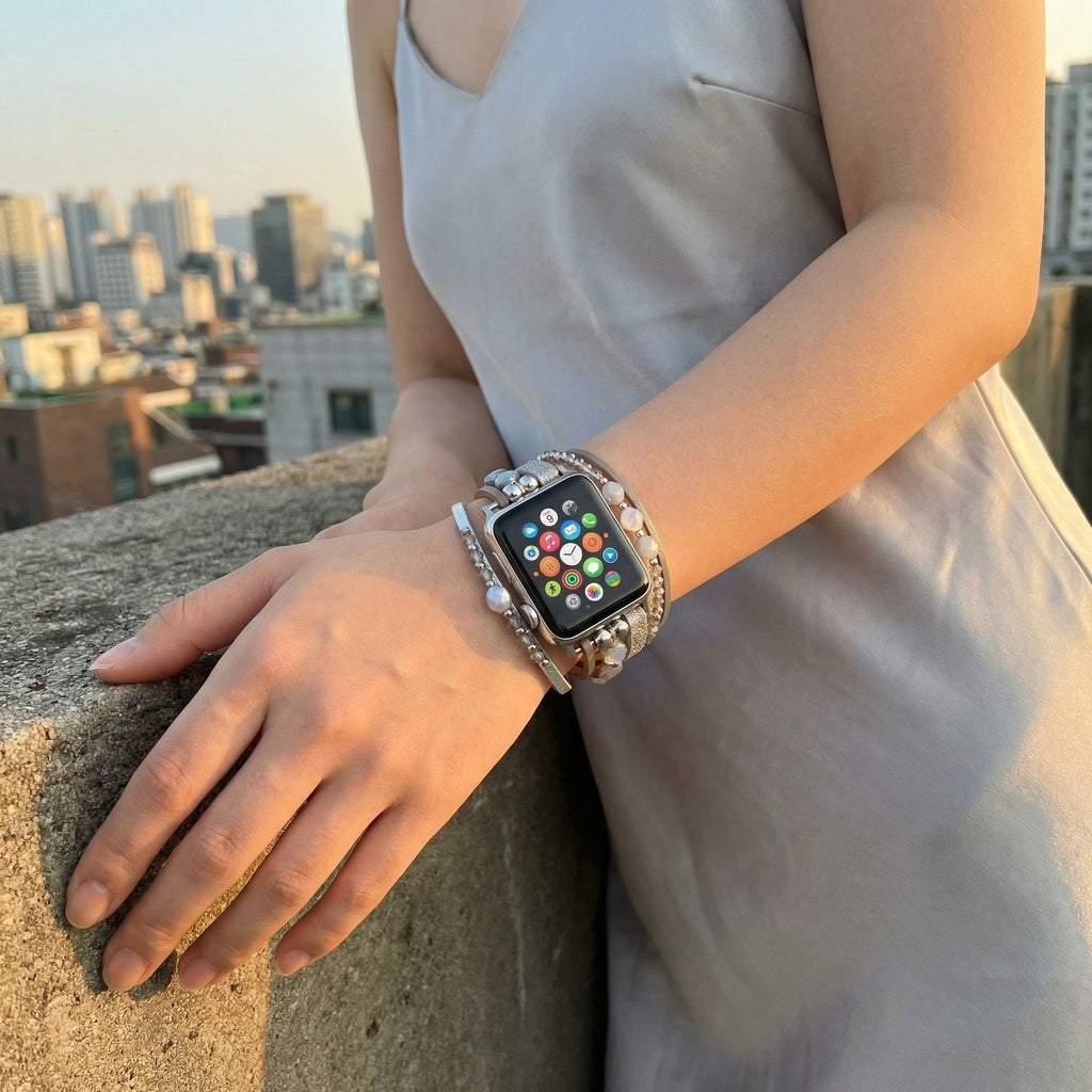 Correa multivueltas para Apple Watch, tiras y perlas brillantes, cierre a presión, modelo Yika