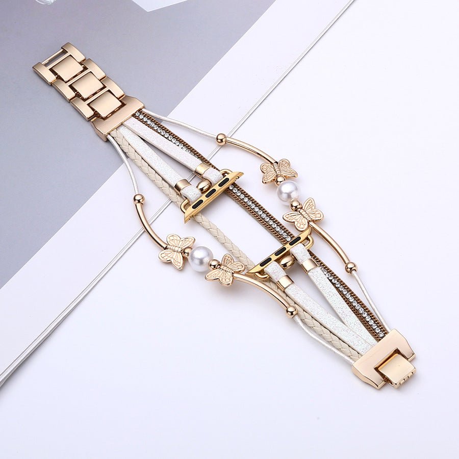 Correa multihilo para Apple Watch, motivo de mariposa y perlas, acabado dorado o plateado, modelo Amonita