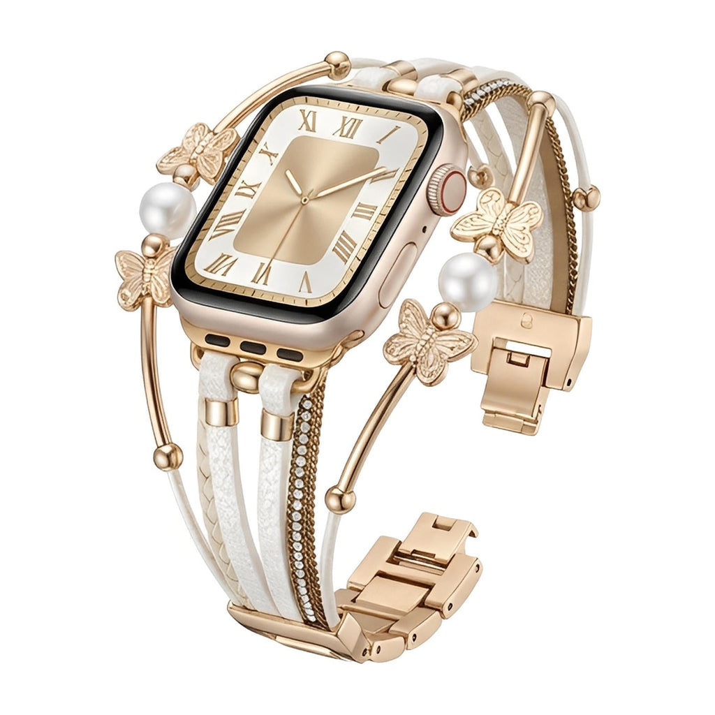 Correa multihilo para Apple Watch, motivo de mariposa y perlas, acabado dorado o plateado, modelo Amonita
