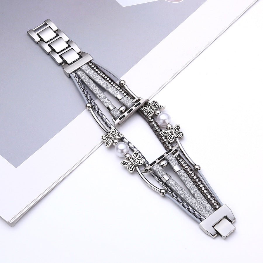 Correa multihilo para Apple Watch, motivo de mariposa y perlas, acabado dorado o plateado, modelo Amonita
