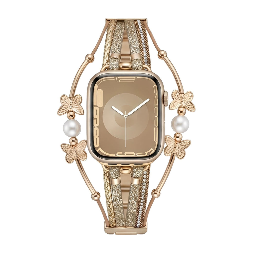 Correa multihilo para Apple Watch, motivo de mariposa y perlas, acabado dorado o plateado, modelo Amonita