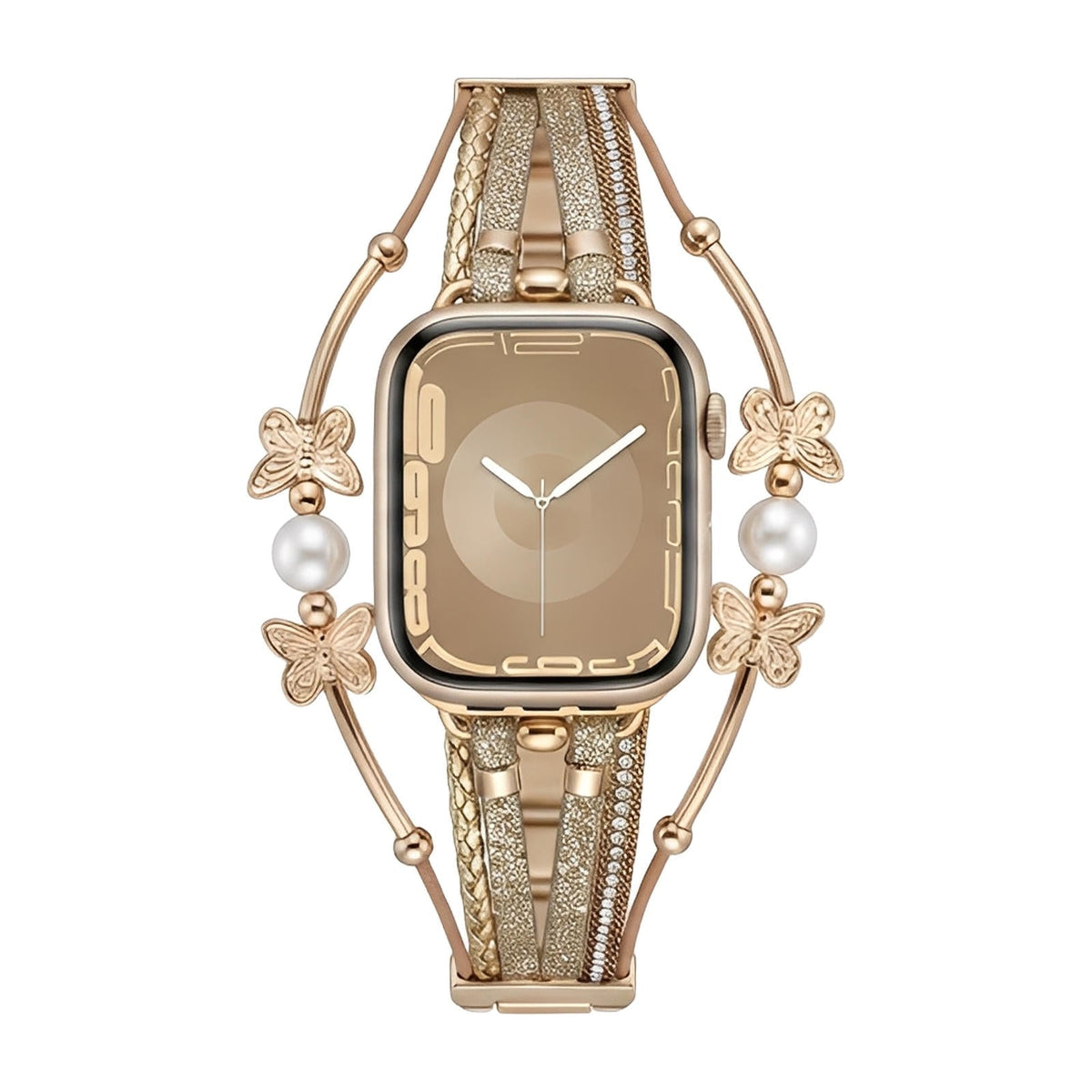 Correa multihilo para Apple Watch, motivo de mariposa y perlas, acabado dorado o plateado, modelo Amonita