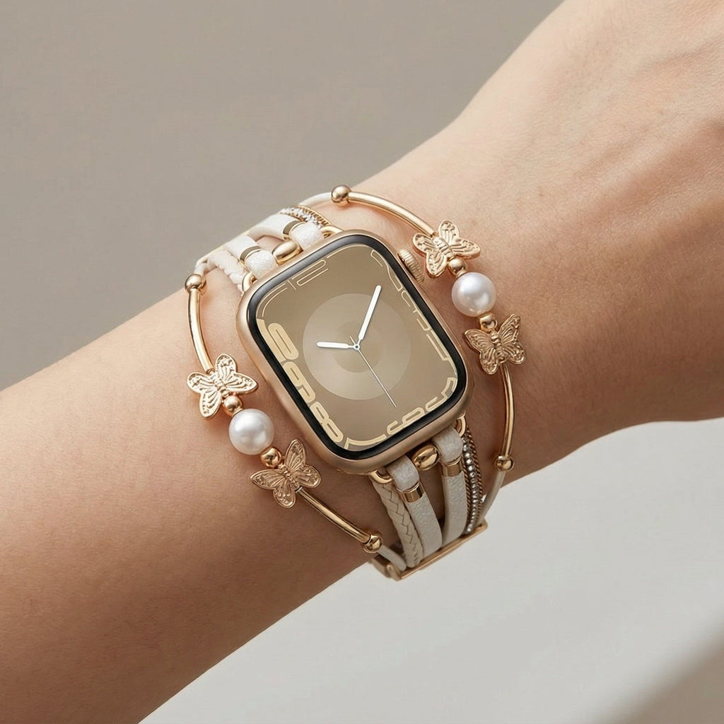 Correa multihilo para Apple Watch, motivo de mariposa y perlas, acabado dorado o plateado, modelo Amonita
