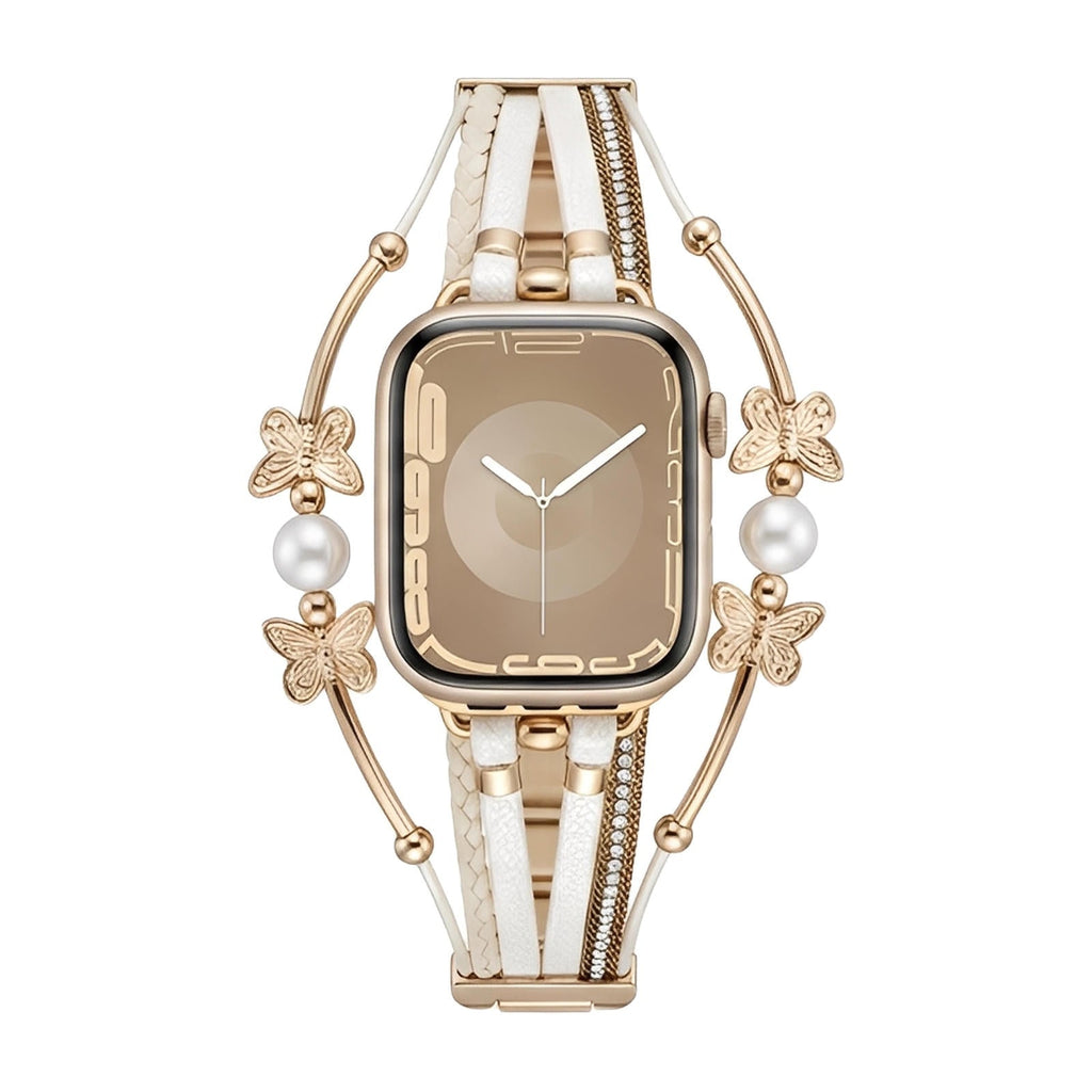 Correa multihilo para Apple Watch, motivo de mariposa y perlas, acabado dorado o plateado, modelo Amonita