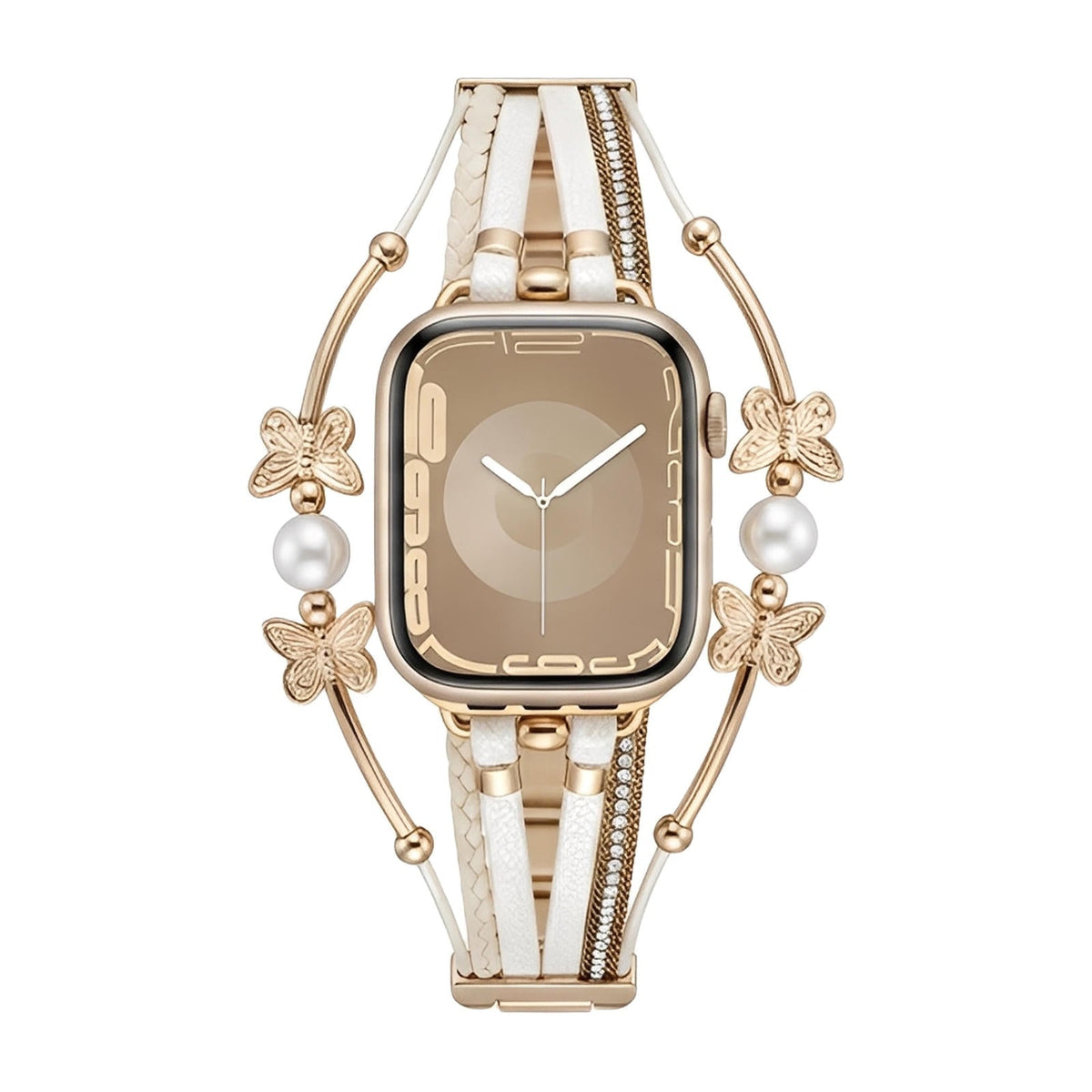 Correa multihilo para Apple Watch, motivo de mariposa y perlas, acabado dorado o plateado, modelo Amonita