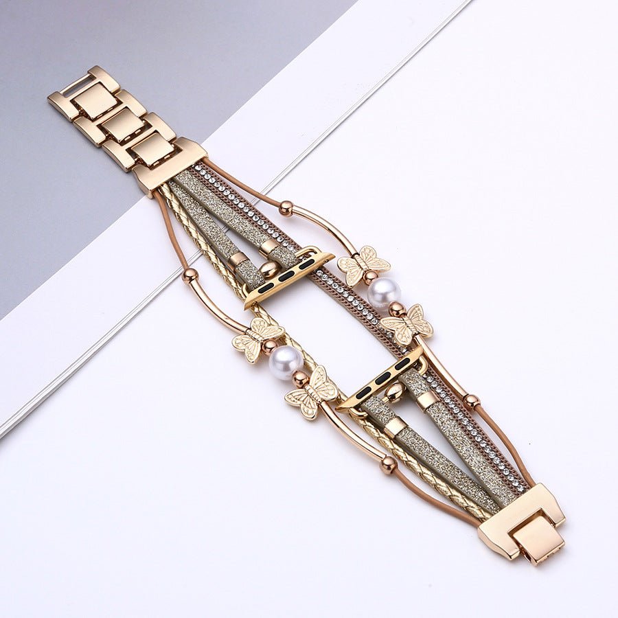 Correa multihilo para Apple Watch, motivo de mariposa y perlas, acabado dorado o plateado, modelo Amonita