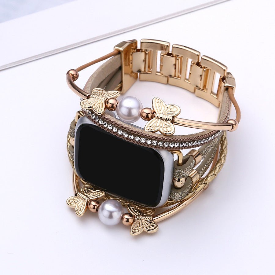 Correa multihilo para Apple Watch, motivo de mariposa y perlas, acabado dorado o plateado, modelo Amonita