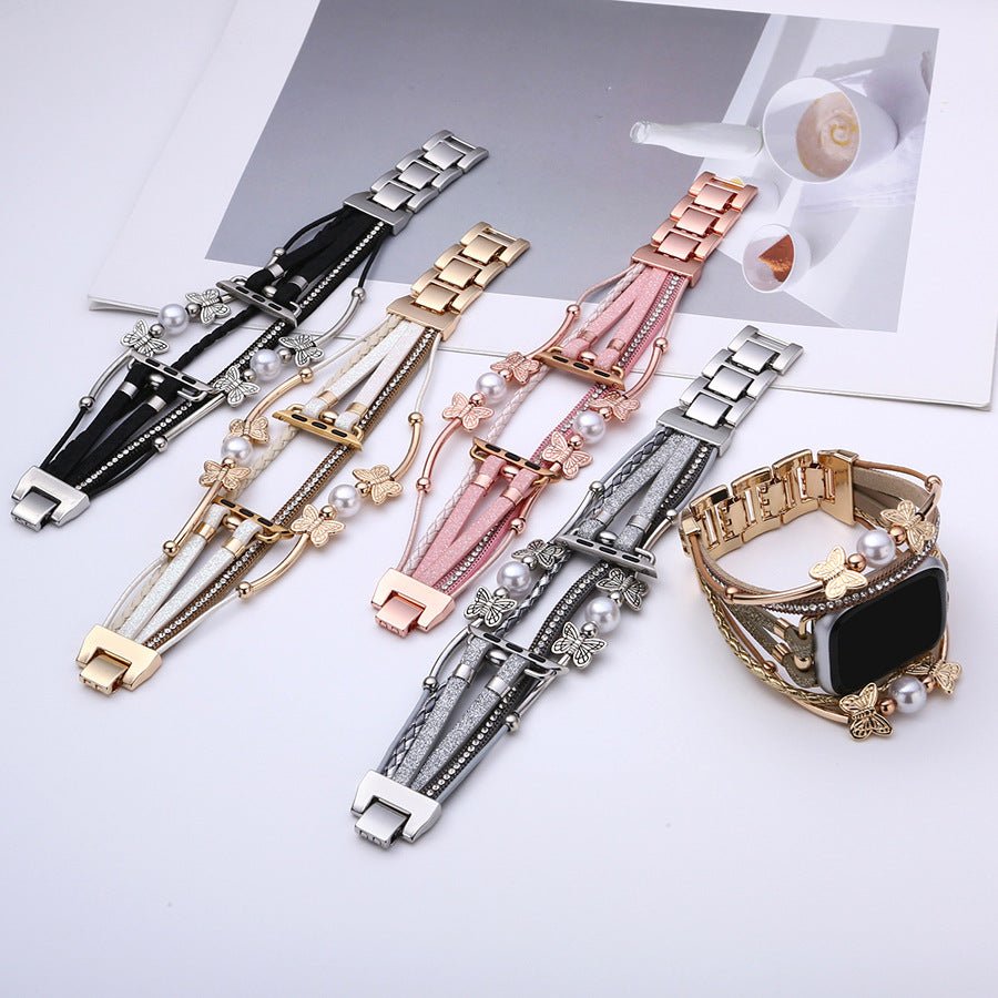 Correa multihilo para Apple Watch, motivo de mariposa y perlas, acabado dorado o plateado, modelo Amonita