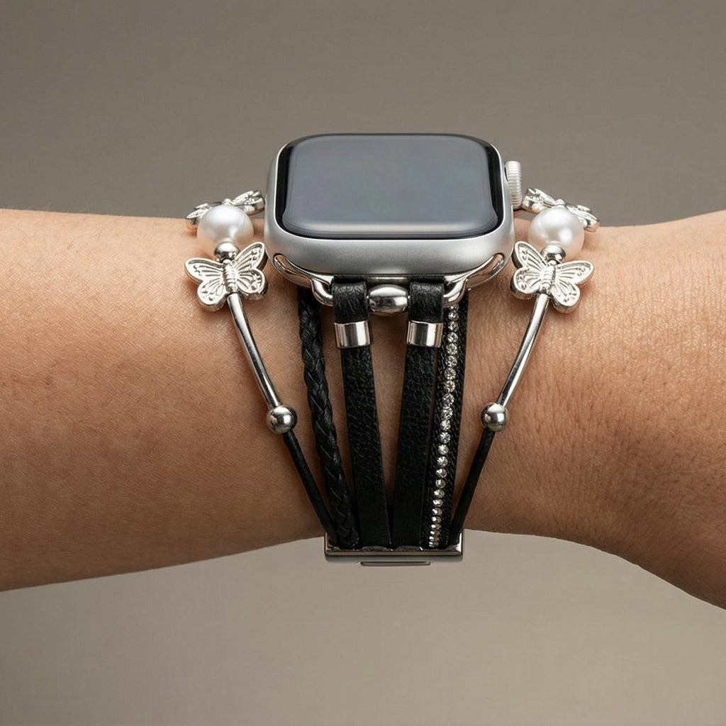 Correa multihilo para Apple Watch, motivo de mariposa y perlas, acabado dorado o plateado, modelo Amonita