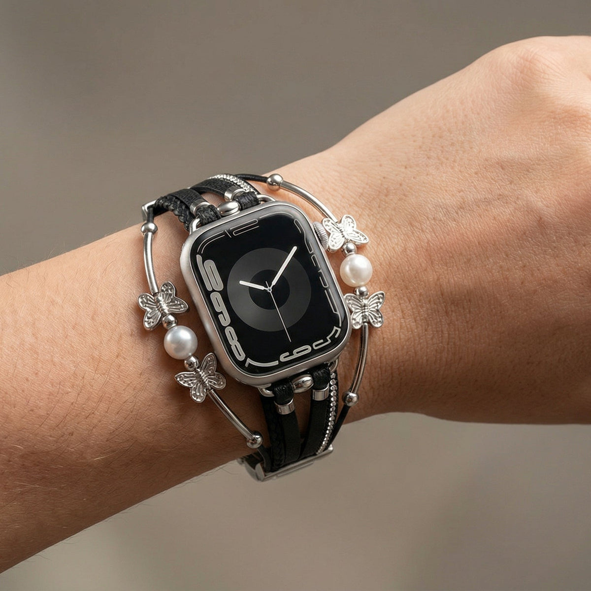 Correa multihilo para Apple Watch, motivo de mariposa y perlas, acabado dorado o plateado, modelo Amonita