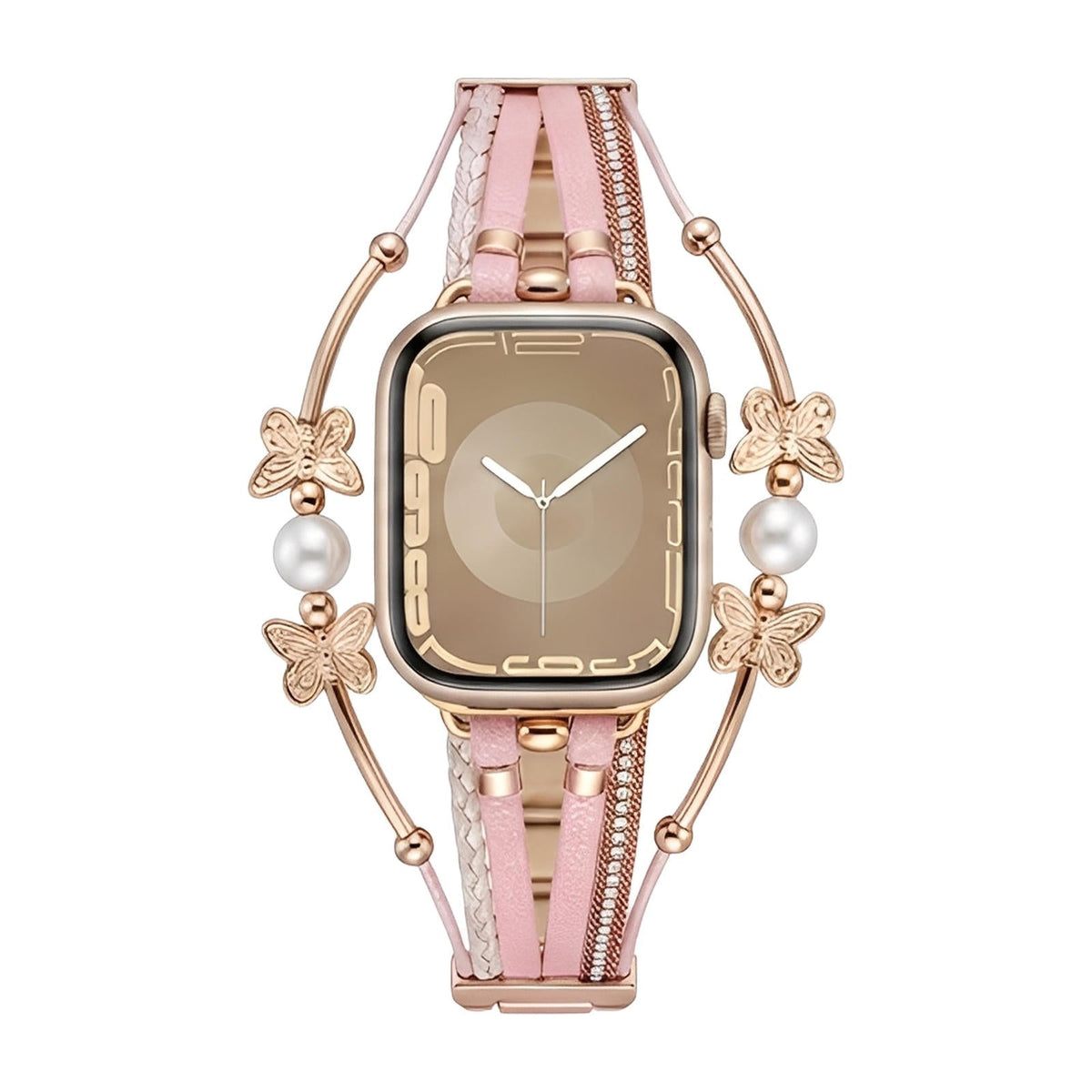 Correa multihilo para Apple Watch, motivo de mariposa y perlas, acabado dorado o plateado, modelo Amonita