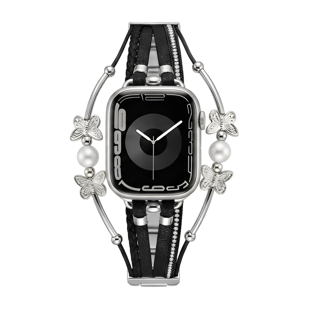 Correa multihilo para Apple Watch, motivo de mariposa y perlas, acabado dorado o plateado, modelo Amonita