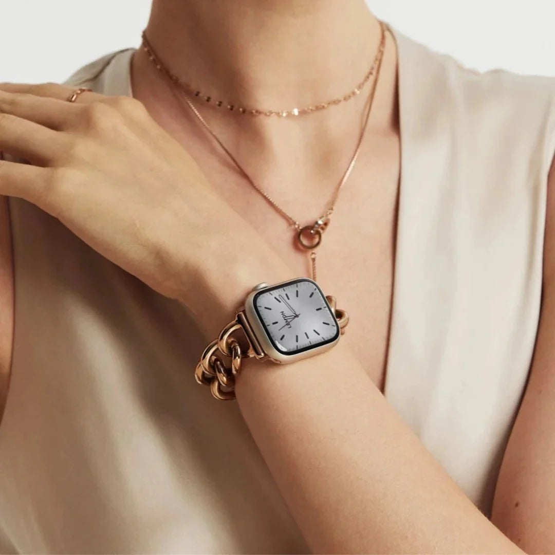 Correa para Apple Watch de malla cubana, acero inoxidable, chic minimalista, fácil de ajustar, modelo Cuba