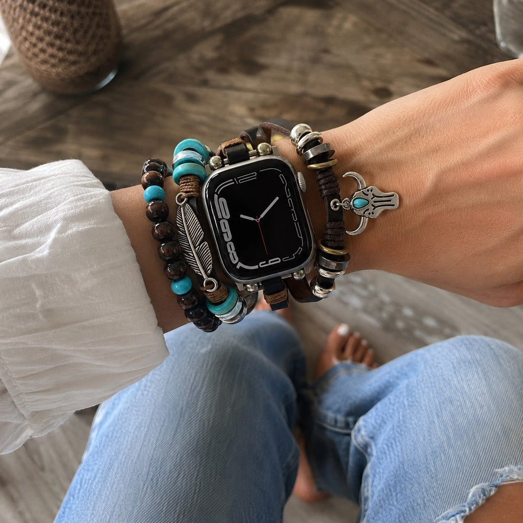 Pulsera para Apple Watch con colgantes de pluma y cabeza de búfalo, varias hileras, longitud ajustable, modelo Bufa