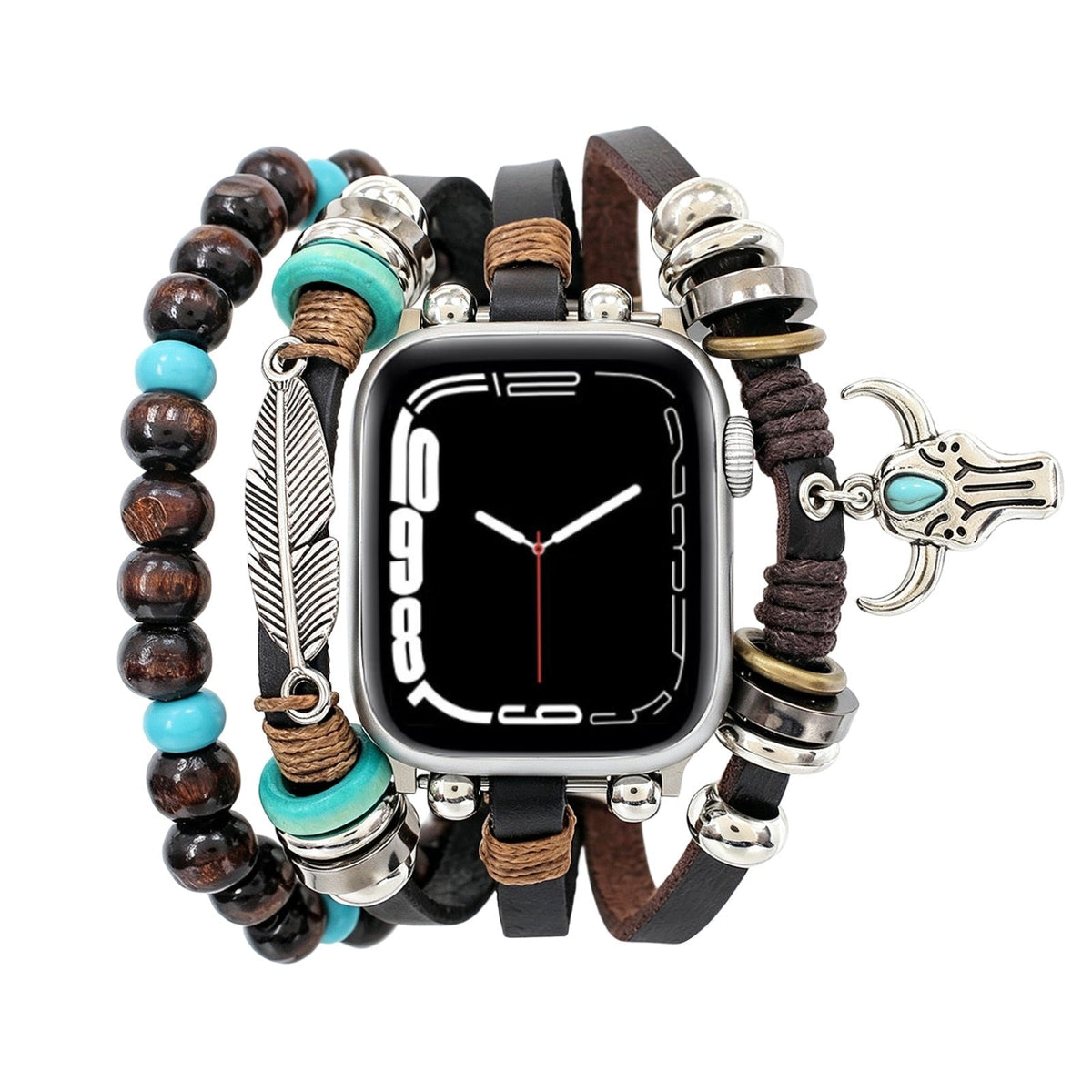 Pulsera para Apple Watch con colgantes de pluma y cabeza de búfalo, varias hileras, longitud ajustable, modelo Bufa