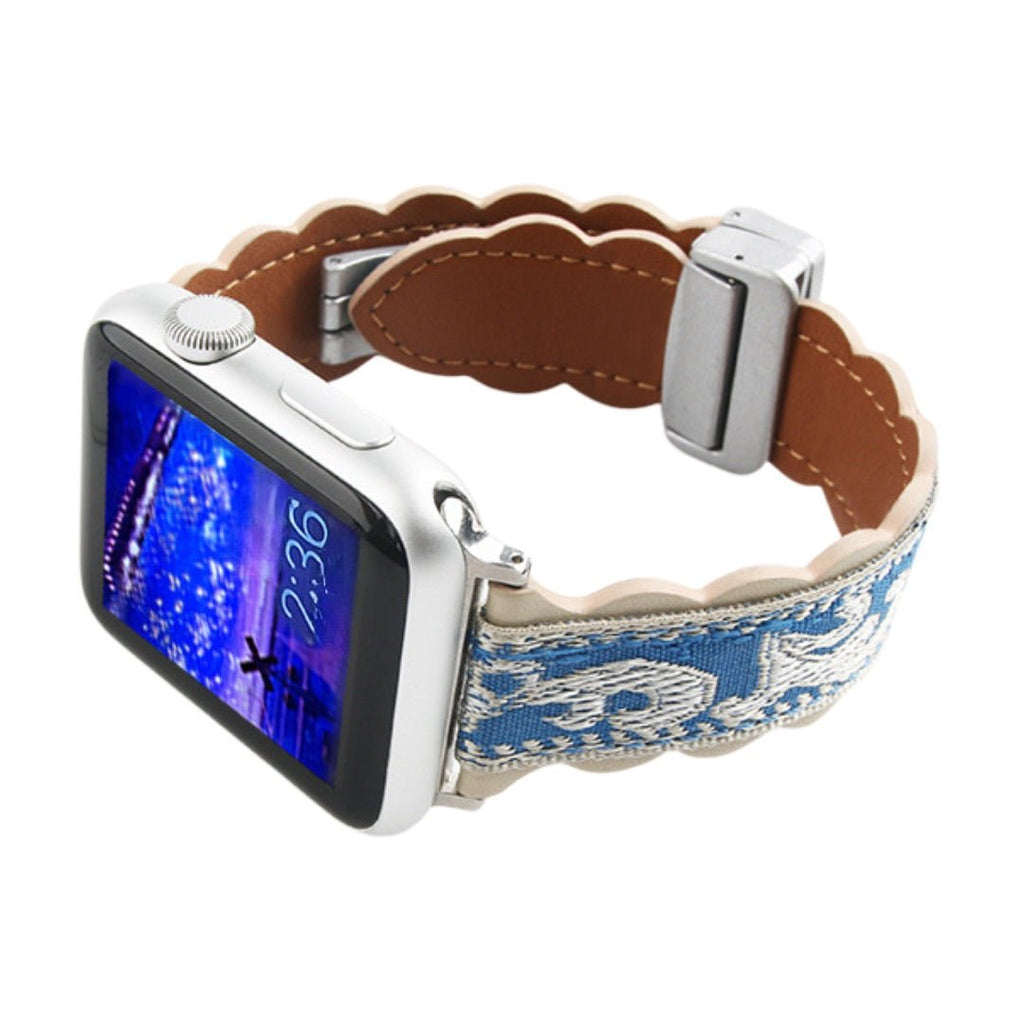 Correa de tela bordada, motivos florales, forro de cuero grueso, para Apple Watch, modelo Nolphène