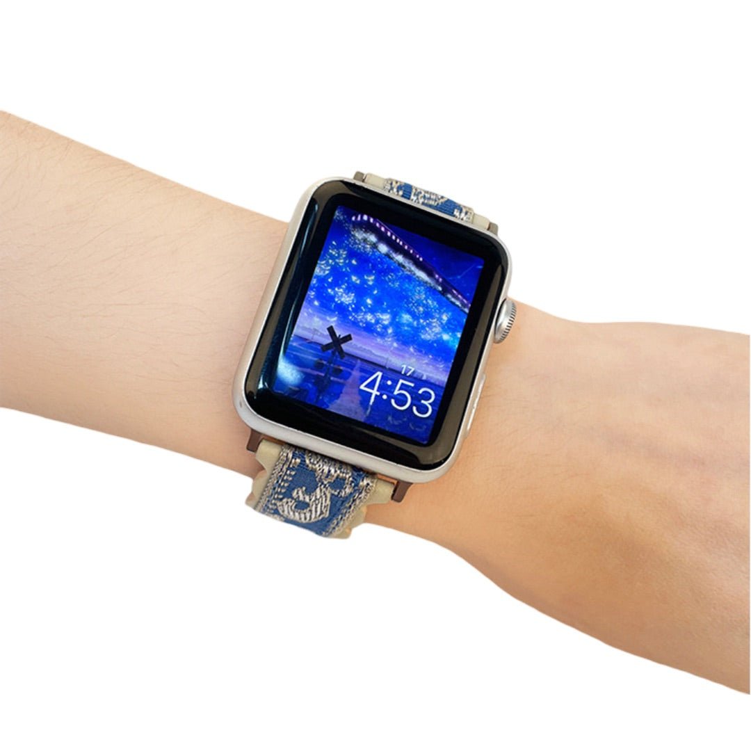 Correa de tela bordada, motivos florales, forro de cuero grueso, para Apple Watch, modelo Nolphène