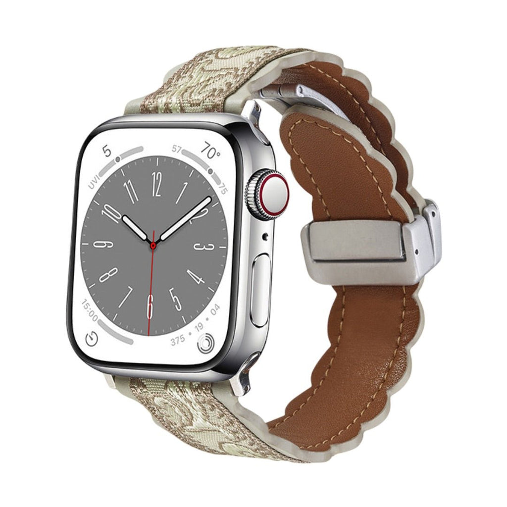 Correa de tela bordada, motivos florales, forro de cuero grueso, para Apple Watch, modelo Nolphène
