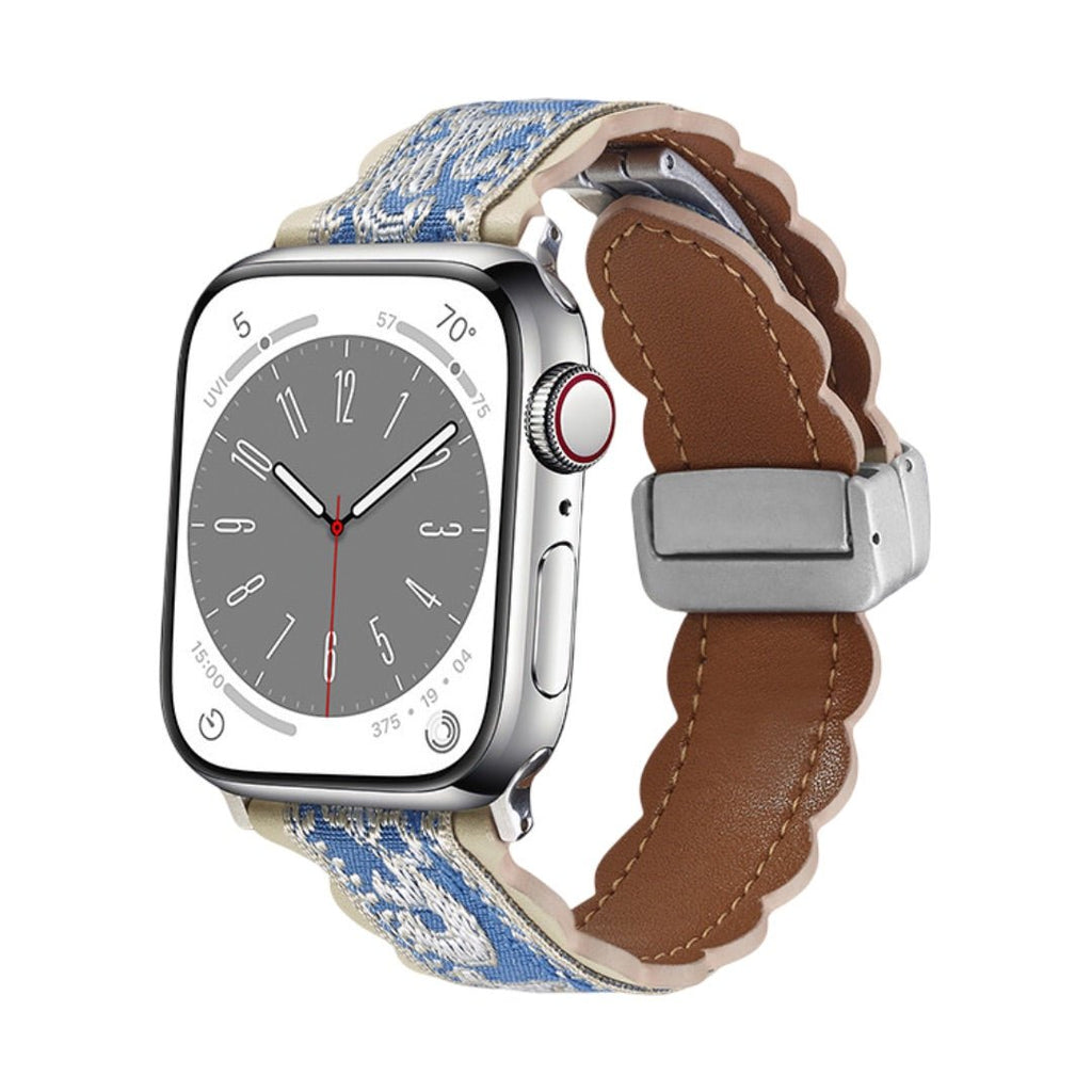 Correa de tela bordada, motivos florales, forro de cuero grueso, para Apple Watch, modelo Nolphène