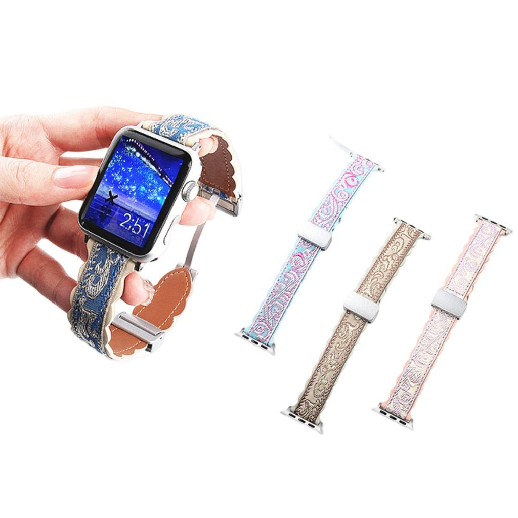Correa de tela bordada, motivos florales, forro de cuero grueso, para Apple Watch, modelo Nolphène