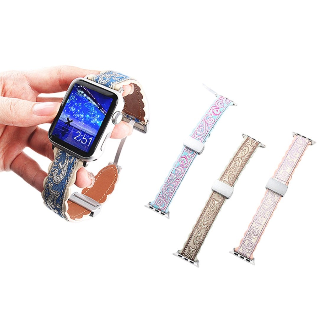 Correa de tela bordada, motivos florales, forro de cuero grueso, para Apple Watch, modelo Nolphène