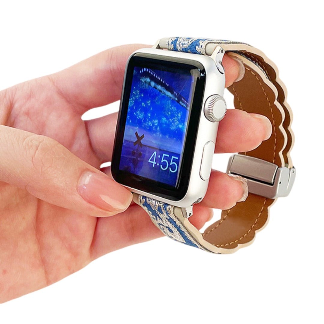 Correa de tela bordada, motivos florales, forro de cuero grueso, para Apple Watch, modelo Nolphène