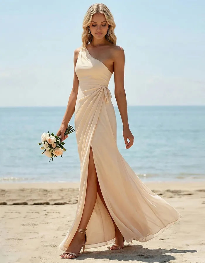 Apricot Fitted One Shoulder Long Pleated Slit Bridesmaid Dress