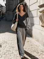 Conjunto de sudadera cruzada y pantalón ancho bicolor