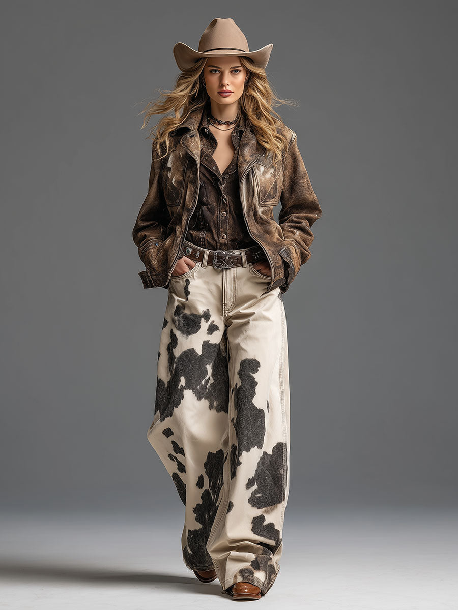 Pantalón Ancho Retro Western con Estampado de Vaca