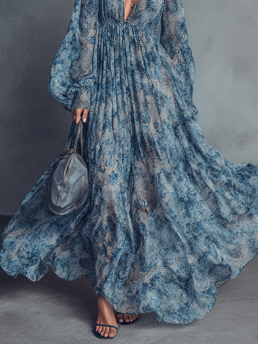 Vestido largo boho de gasa con flores azules y manga farol