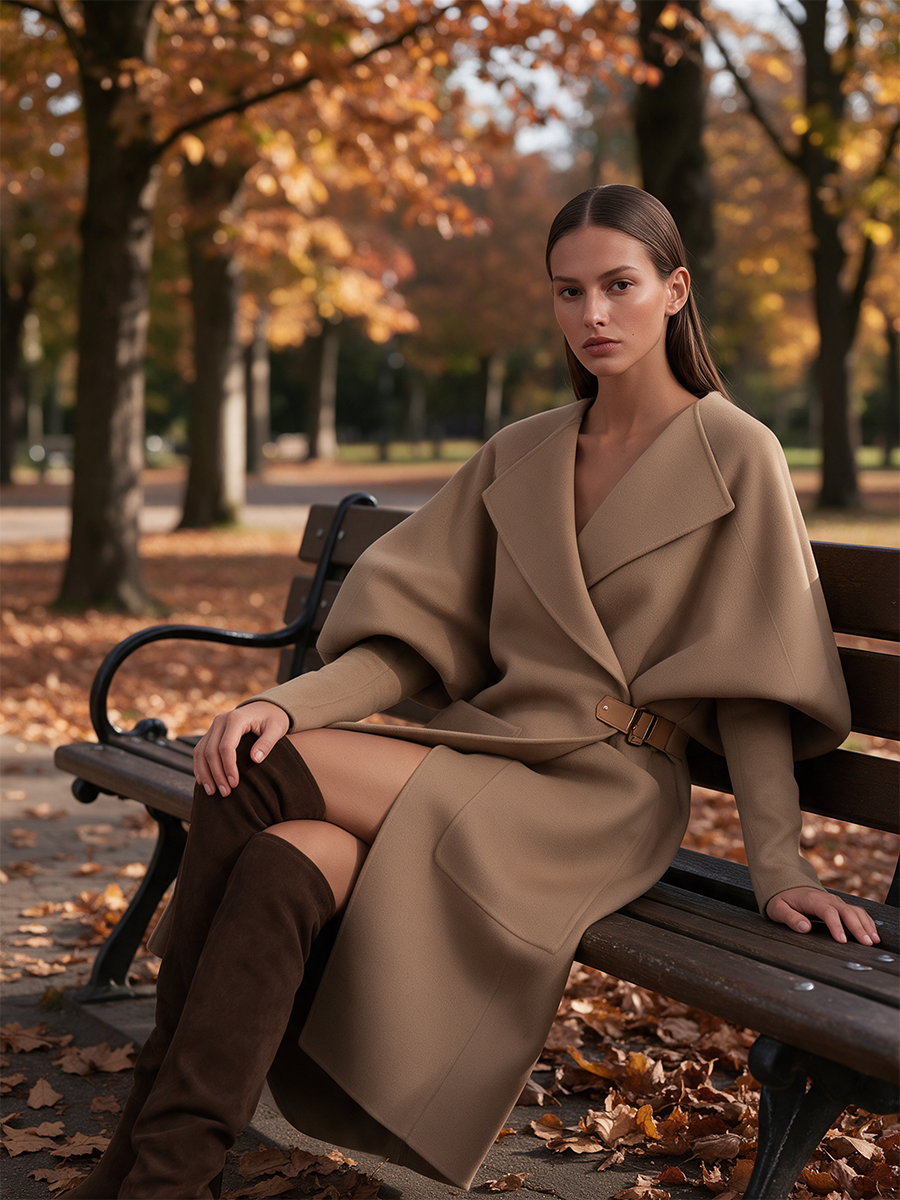 Abrigo largo de lana camel con solapa oversize, mangas abullonadas y cinturón