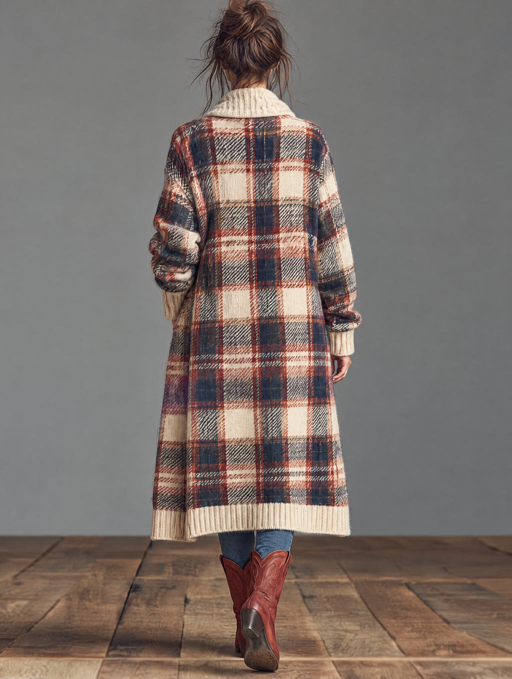 Chaqueta de punto jacquard de cuadros con cuello chal y trencas