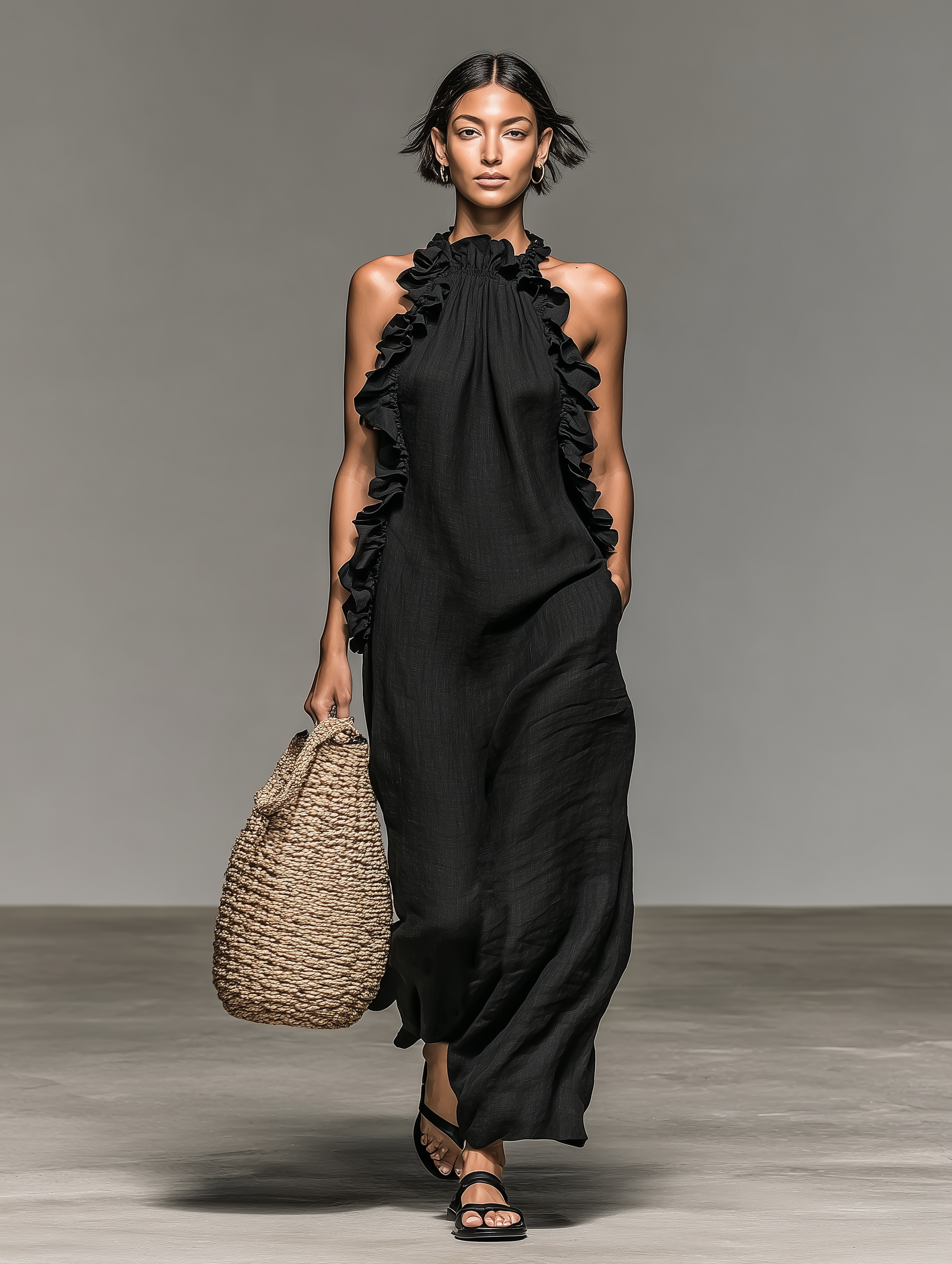 Vestido largo Marina de lino con detalles de volantes