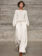 Pantalón Ancho Retro Blanco con Cinturilla Elástica